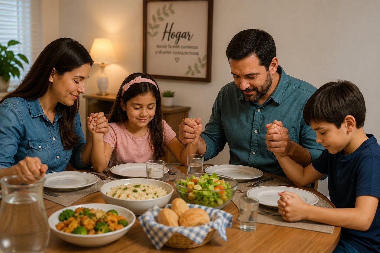 Familia orando junta antes de comer, agradecida y unida