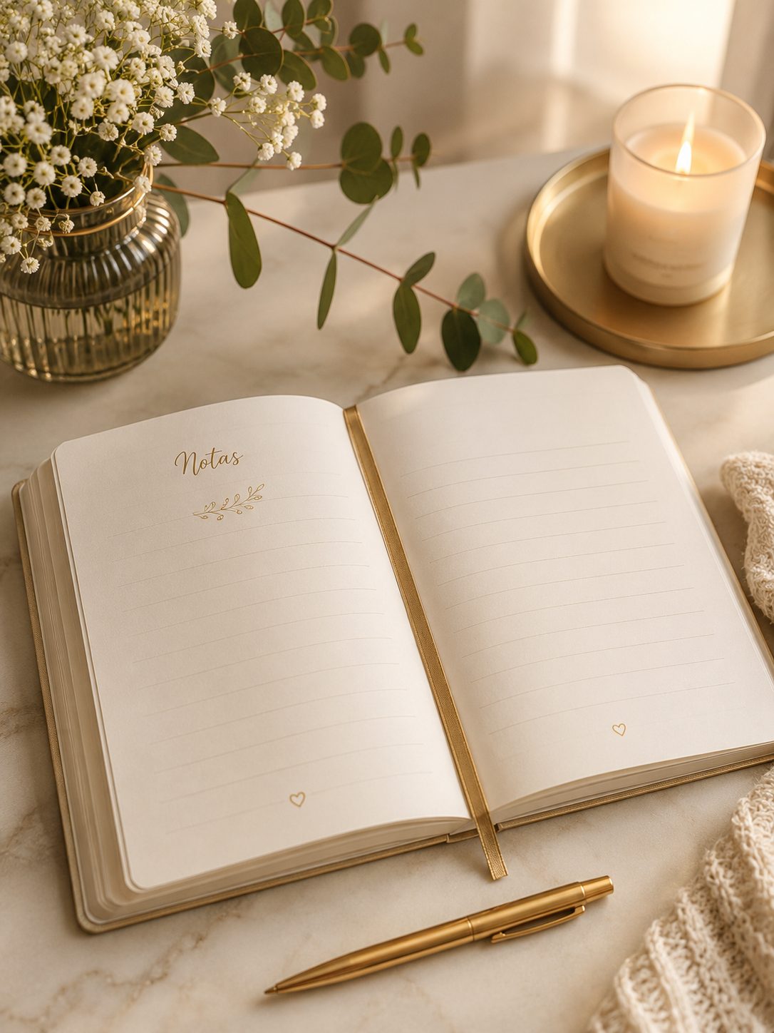 Diario abierto en la sección de notas, junto a una vela y flores