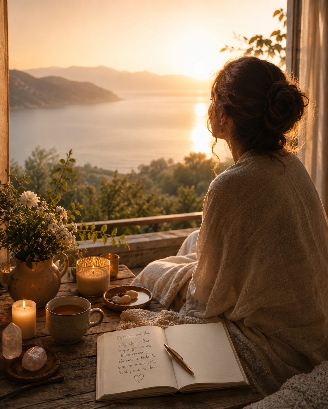 Mujer reflexionando frente al mar al atardecer con su diario